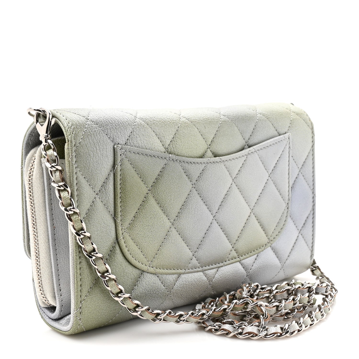 Chanel Metallic Goatskin Quilted Ombre Phone Holder Wallet on Removable Chain Grey Green 4 of 13