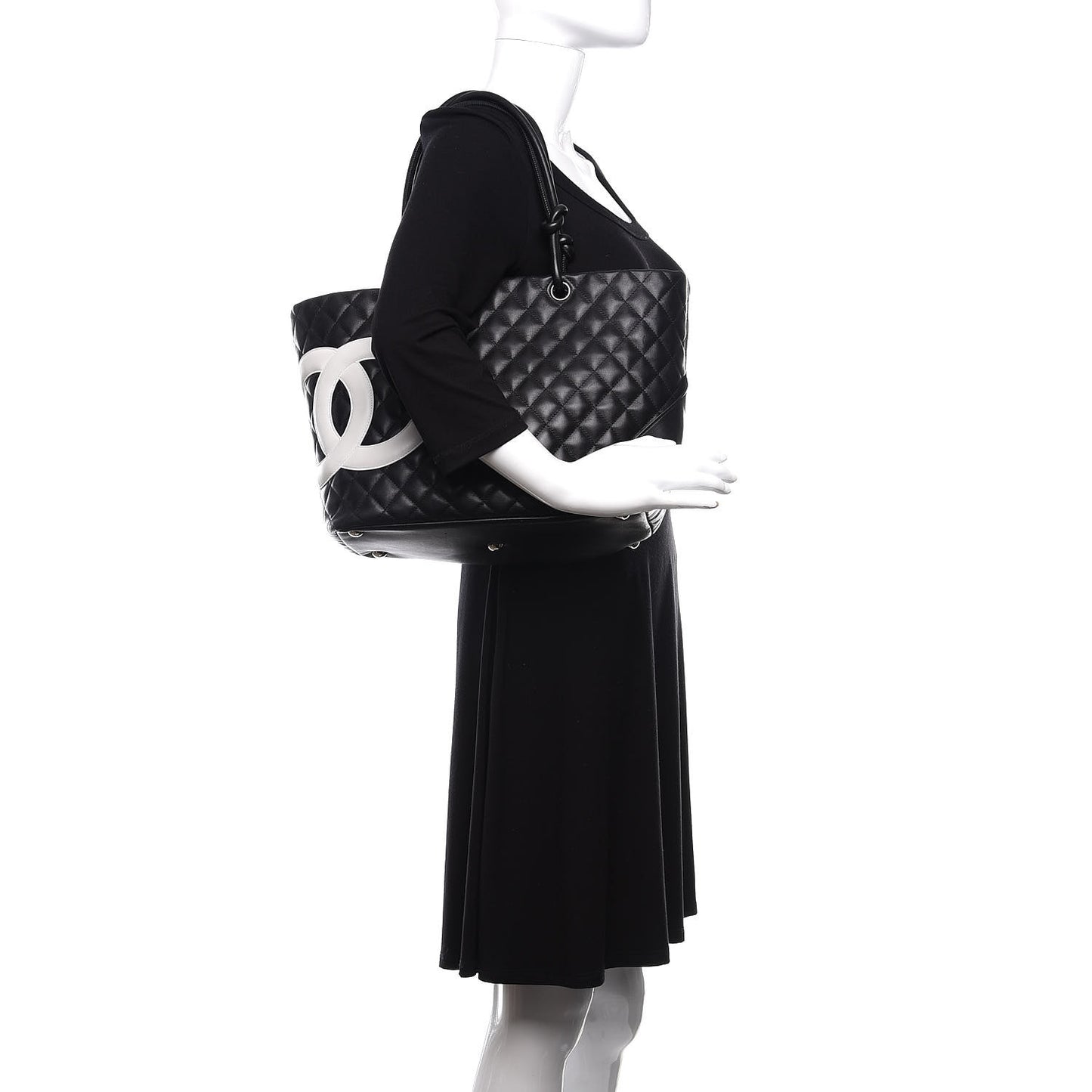 Calfskin Quilted Large Cambon Tote Black White