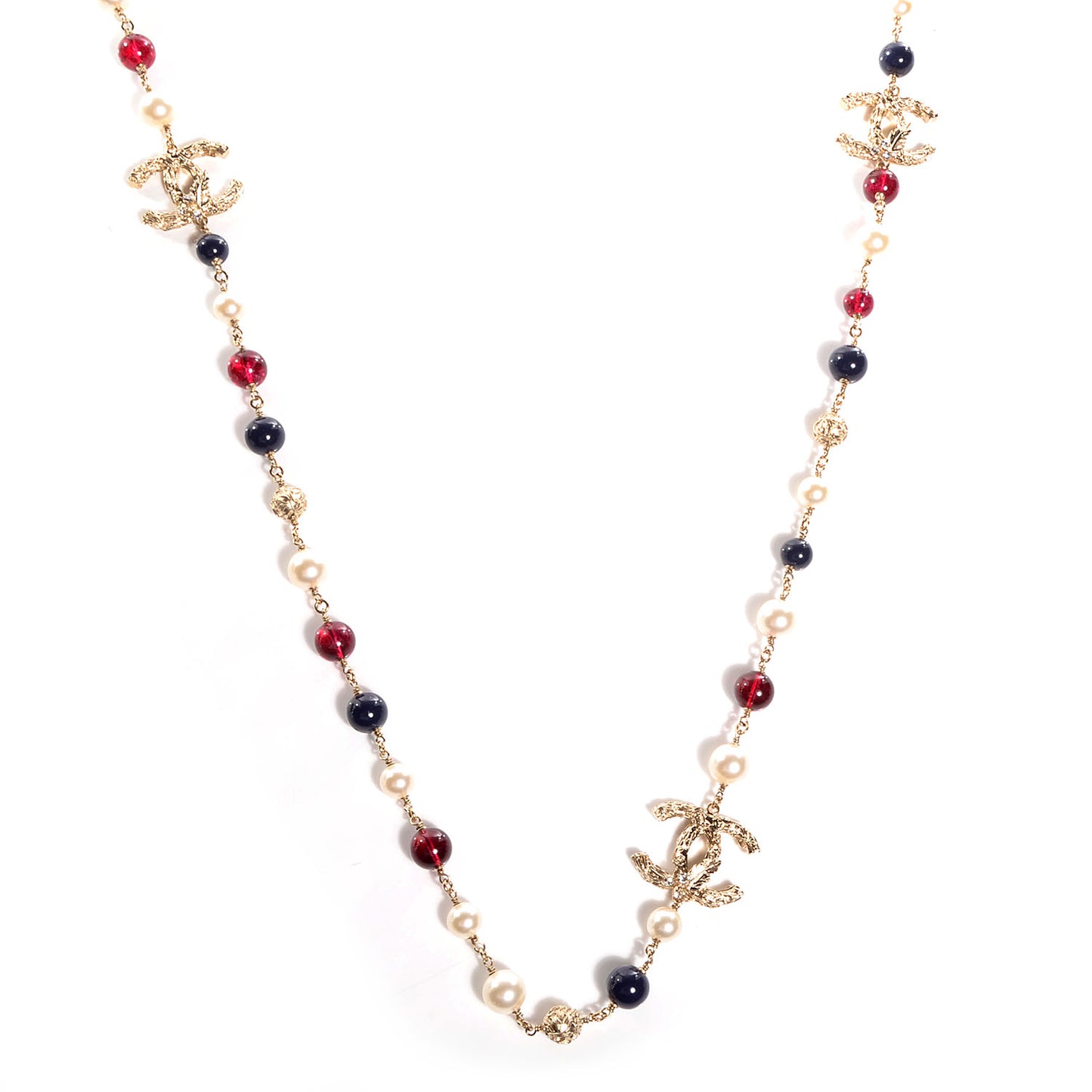 Beaded Pearl CC Long Strand Necklace Blue Red Gold