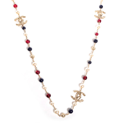 Chanel Beaded Pearl CC Long Strand Necklace Blue Red Gold 1 of 5