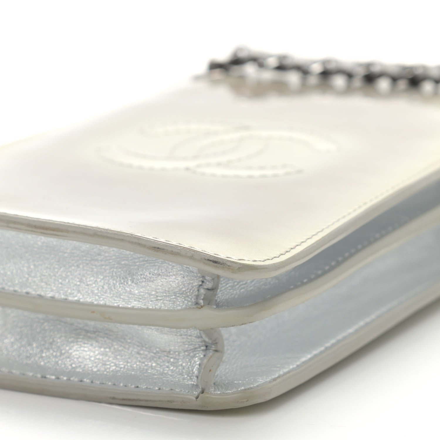 Chanel Metallic Patent Crossbody CC Phone Holder Silver 10 of 12