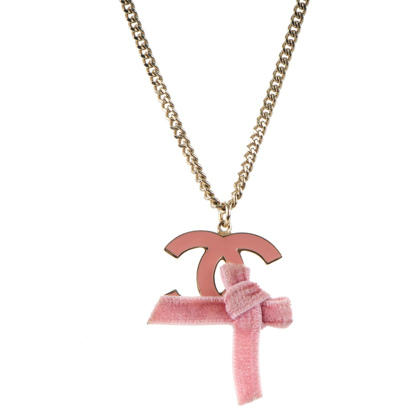 Metal Enamel Velvet CC Bow Necklace Gold Pink