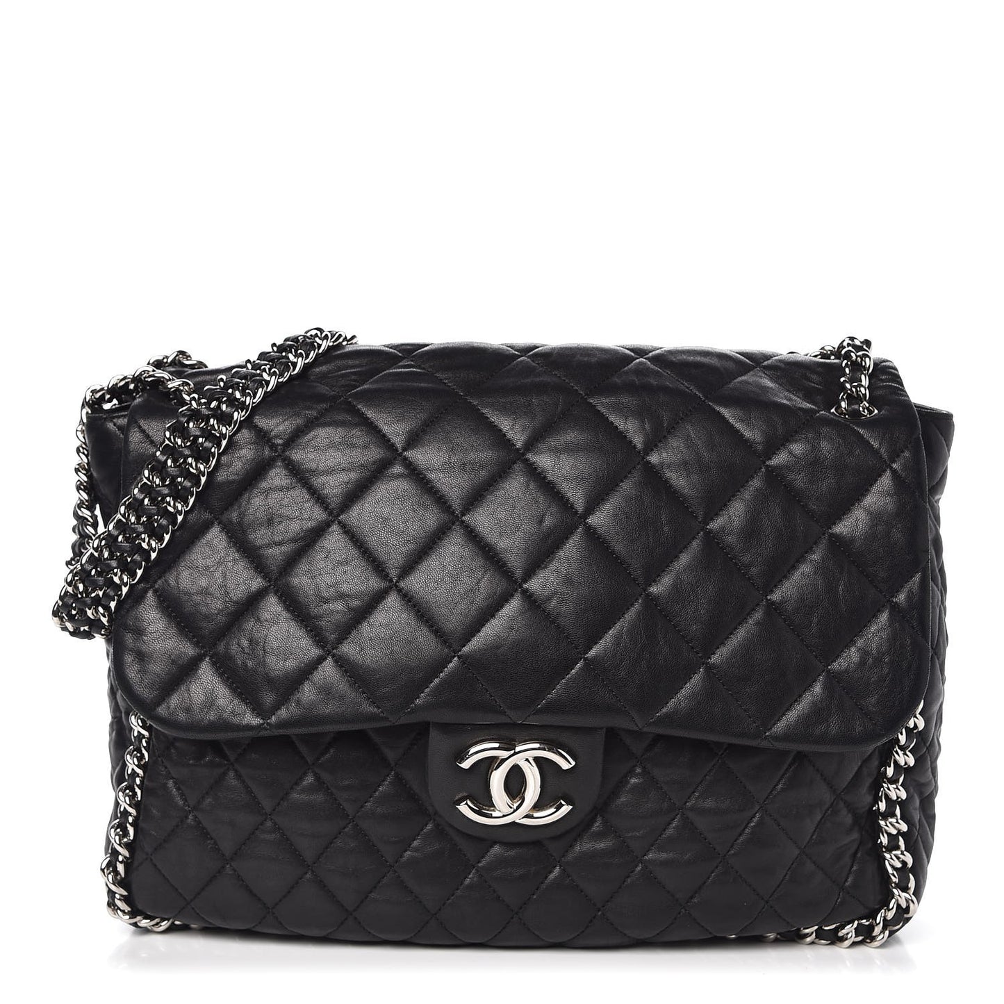 Washed Lambskin Quilted Maxi Chain Around Flap Black