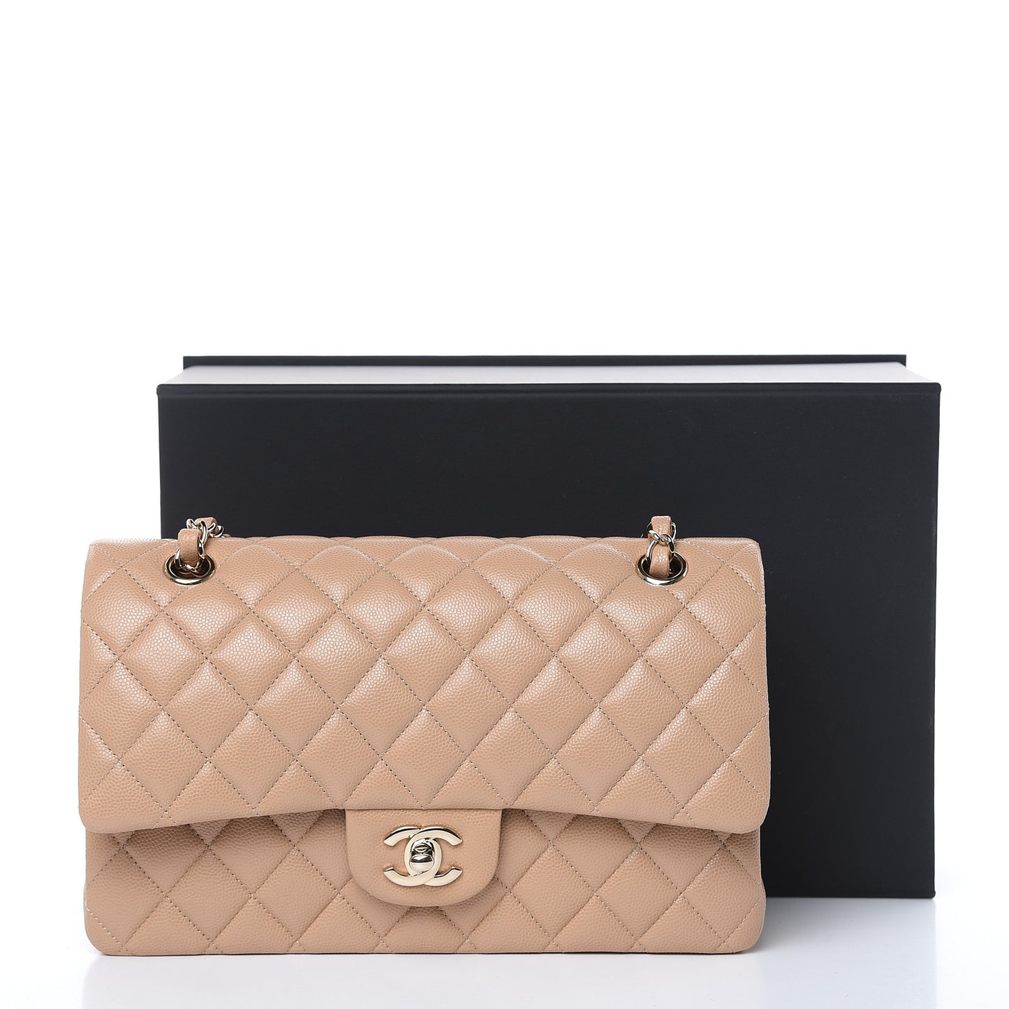 Caviar Quilted Medium Double Flap Beige