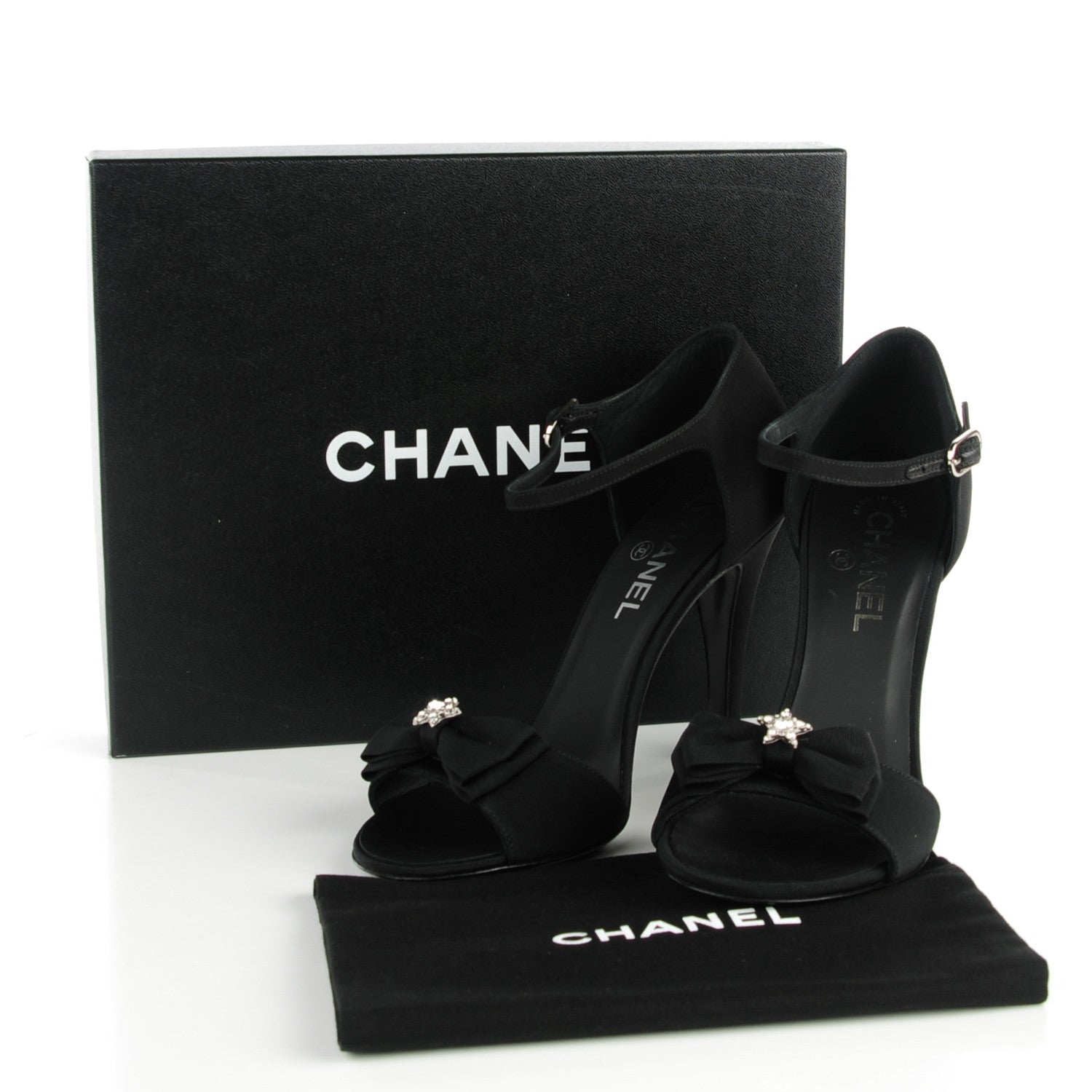 Chanel Crepe Grosgrain Crystal Bow Open Toe Sandals 39 Black 9 of 16