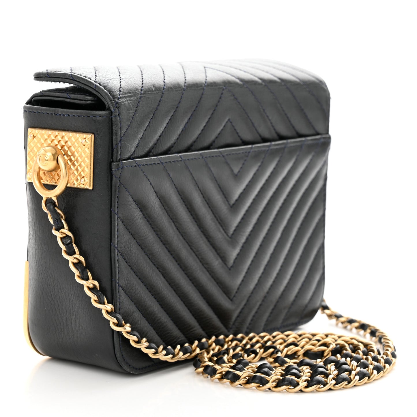 Calfskin Chevron Quilted Rock The Corner Minaudiere Bag Black