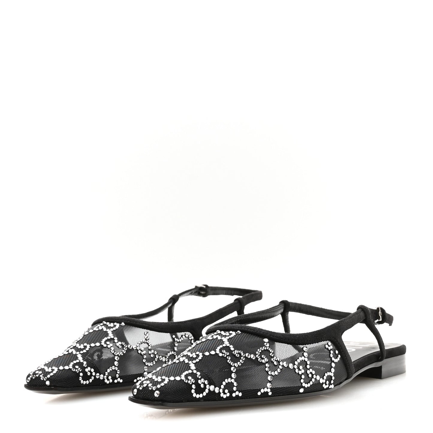 Tela Retino Kid Scamosciato Crystal GG Monogram Square G Slingback Flat 37 Black
