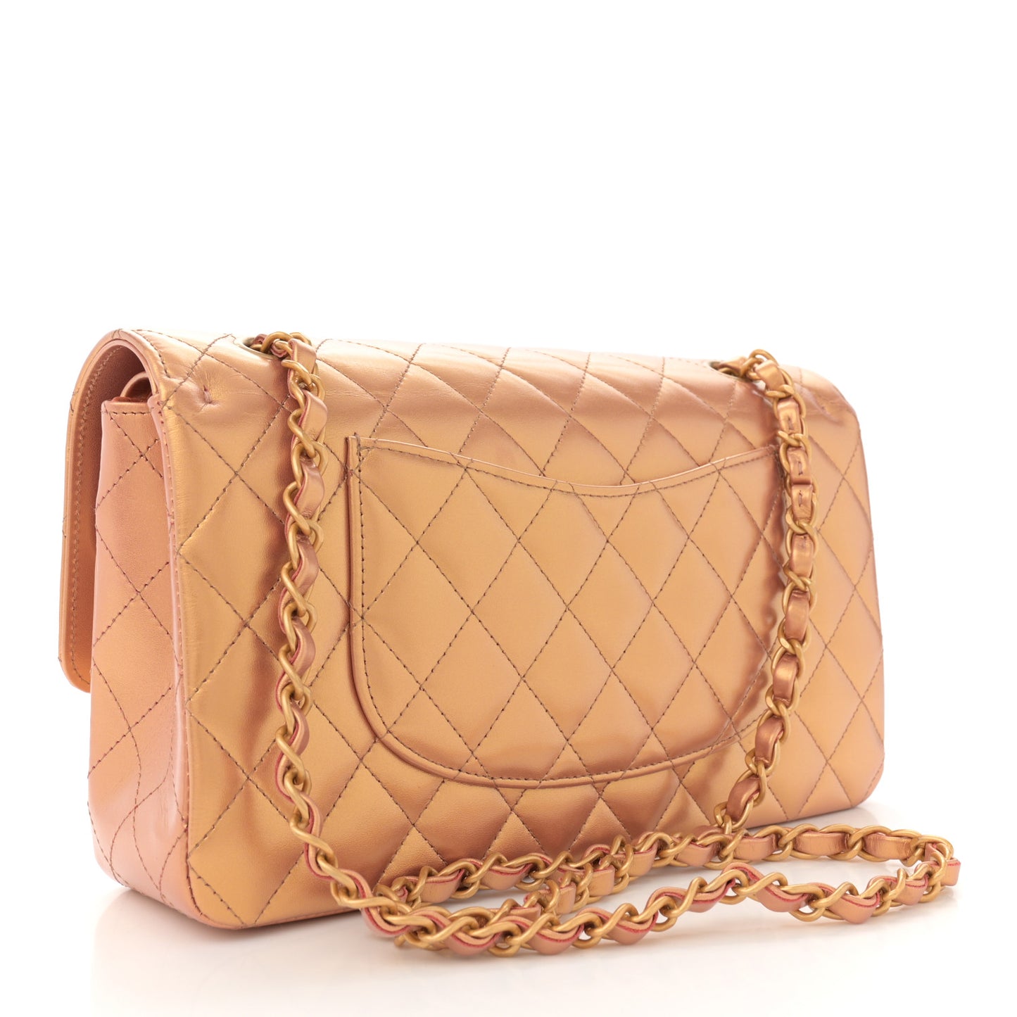 Metallic Lambskin Quilted Medium Double Flap Golden