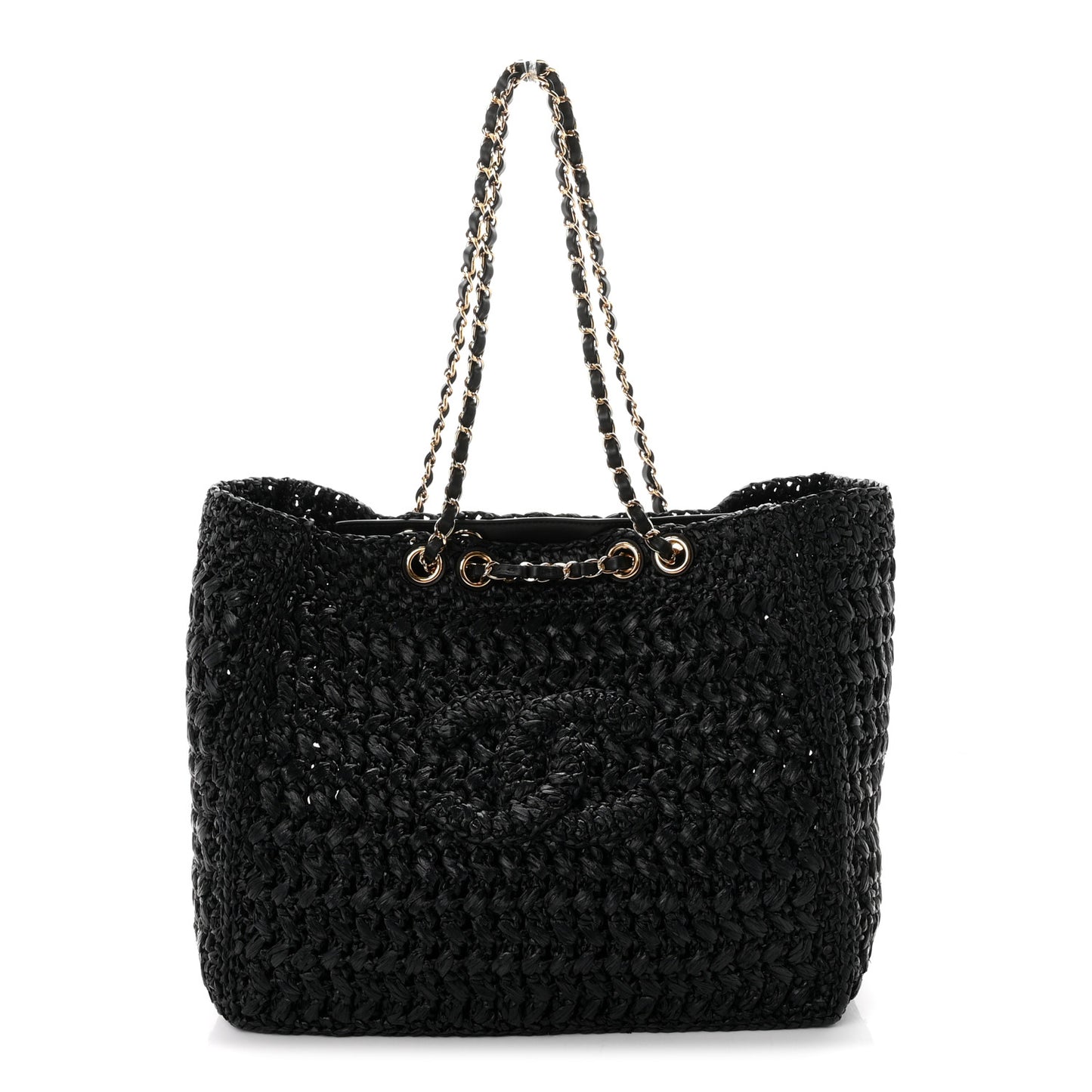 Raffia Effect Calfskin Coco Beach Shopping Tote Black