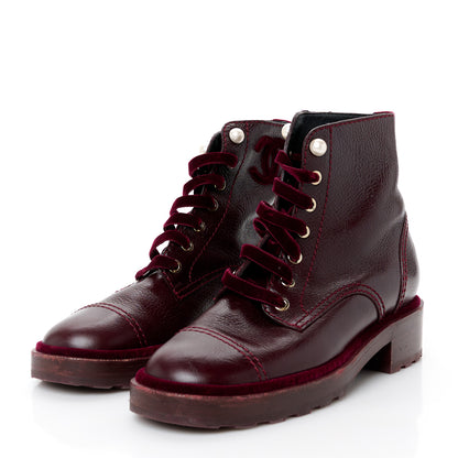 Chanel Shiny Calfskin Velvet Pearl Combat Short Boots 39 Burgundy 4 of 9