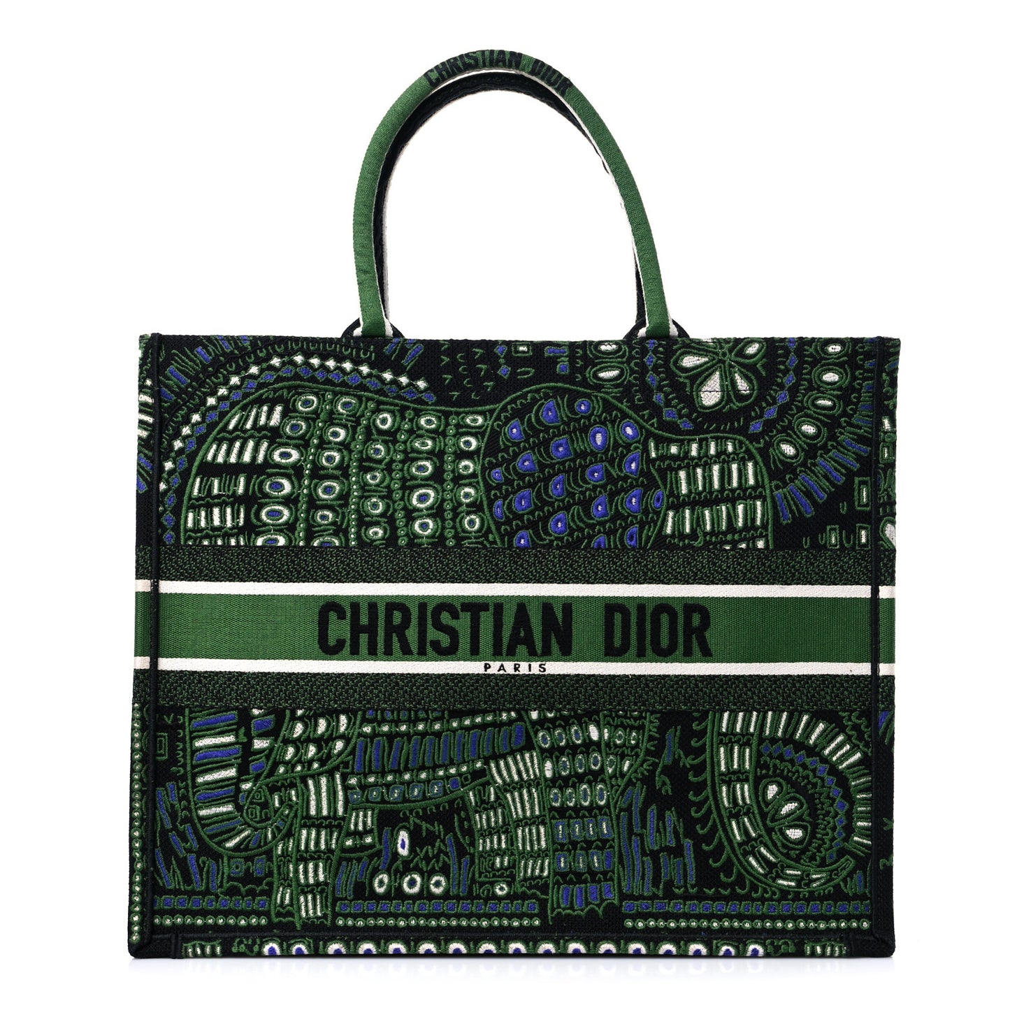 Canvas Embroidered Dior Animals Elephant Book Tote Green