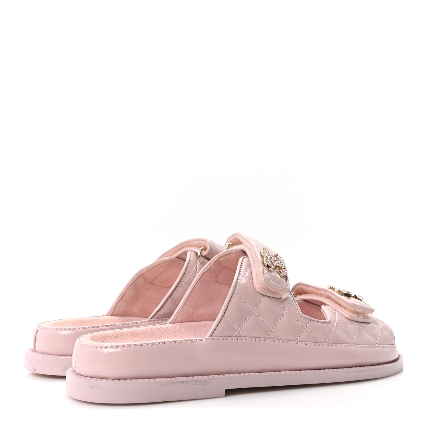 Shiny Calfskin Quilted Velcro Dad Crystal CC Slide Sandals 37.5 Light Pink