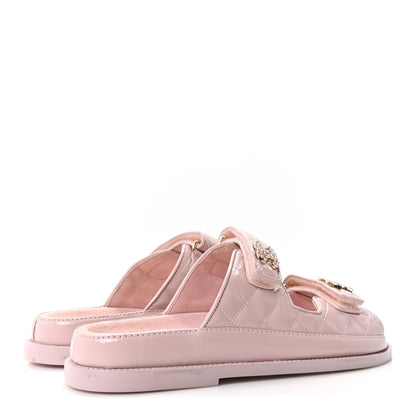 Chanel Shiny Calfskin Quilted Velcro Dad Crystal CC Slide Sandals 37.5 Light Pink 5 of 10