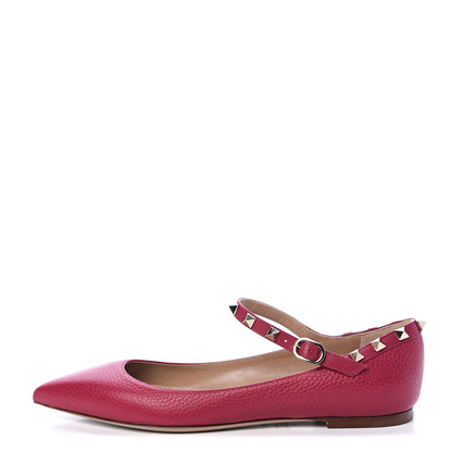 Valentino Garavani Pebbled Calfskin Rockstud Ankle Strap Ballerina Flats 37.5 Raspberry 1 of 8
