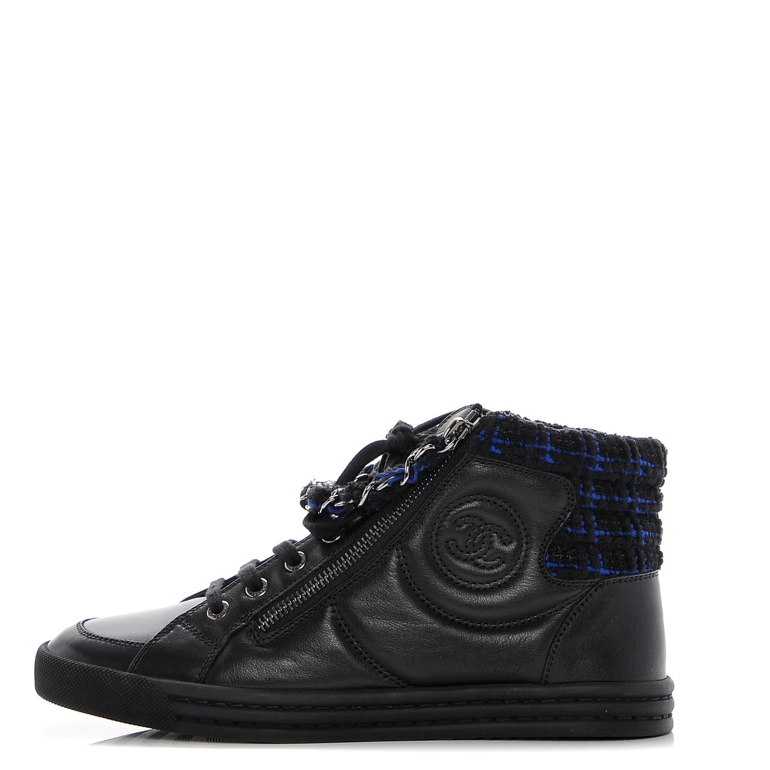 Chanel Lambskin Tweed Zipped Sneakers 37 Black Blue 1 of 8