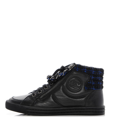 Chanel Lambskin Tweed Zipped Sneakers 37 Black Blue 1 of 8