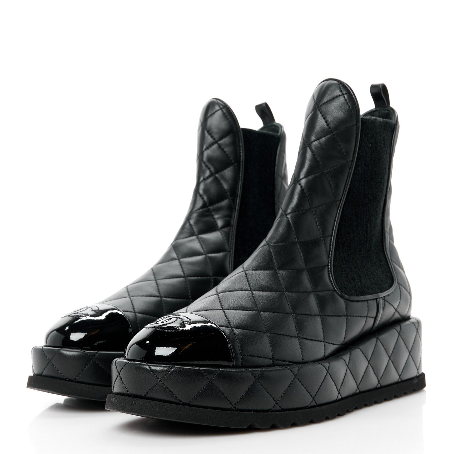 Lambskin Patent CC Cap Toe Quilted Short Platform Boots 37 Black