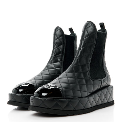 Chanel Lambskin Patent CC Cap Toe Quilted Short Platform Boots 37 Black 3 of 8