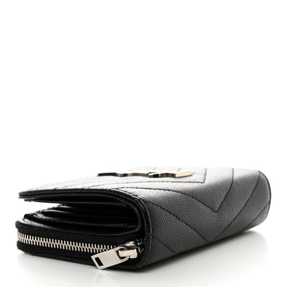 Saint Laurent Grain De Poudre Matelasse Chevron Monogram Compact Zip Around Wallet Black 4 of 7
