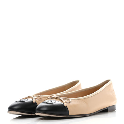 Chanel Lambskin Cap Toe Ballerina Flats 39.5 Beige Black 3 of 14