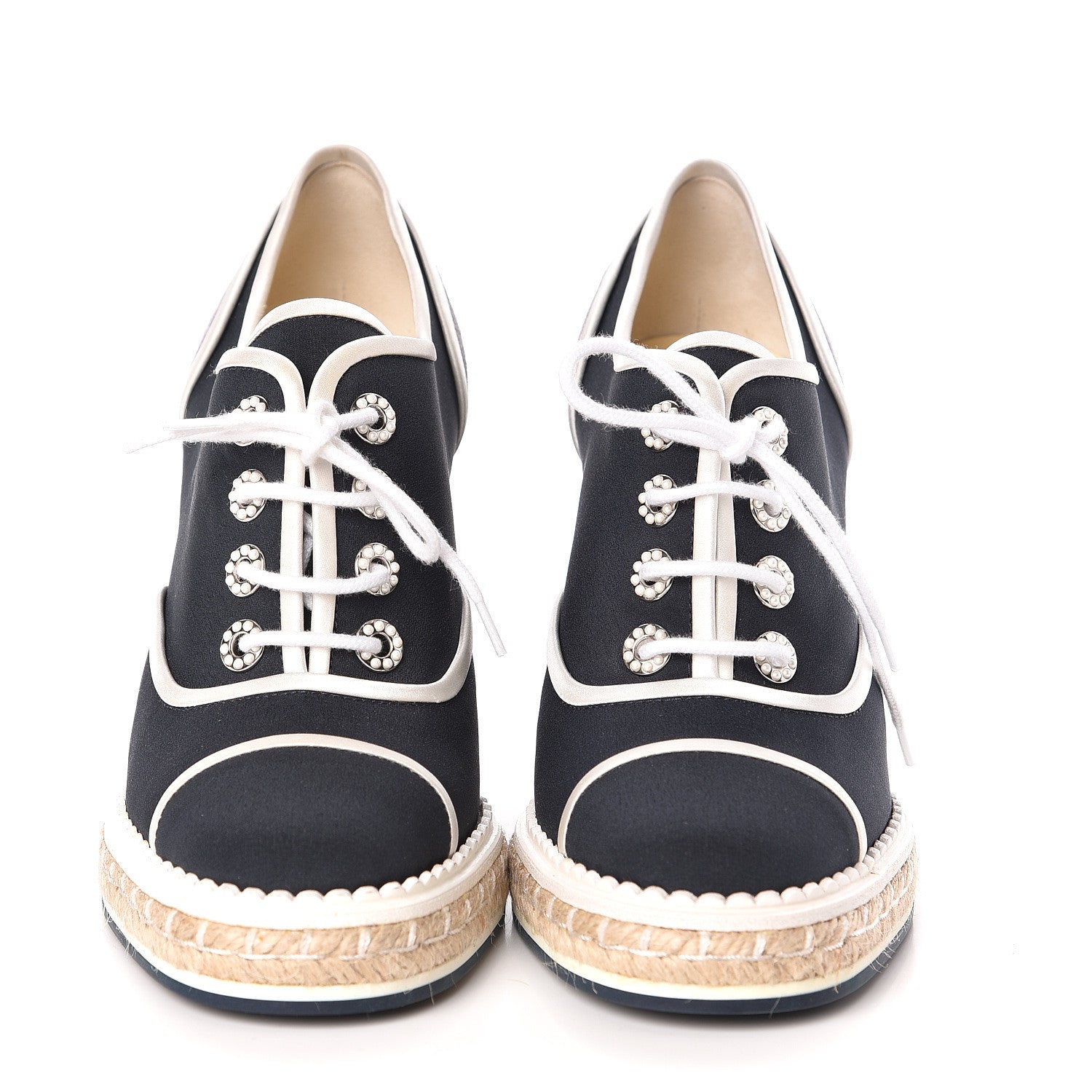 Chanel Silk Crepe Suede Calfskin Lace Up Wedge Espadrilles 36.5 Navy Grey 2 of 8