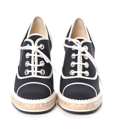 Chanel Silk Crepe Suede Calfskin Lace Up Wedge Espadrilles 36.5 Navy Grey 2 of 8