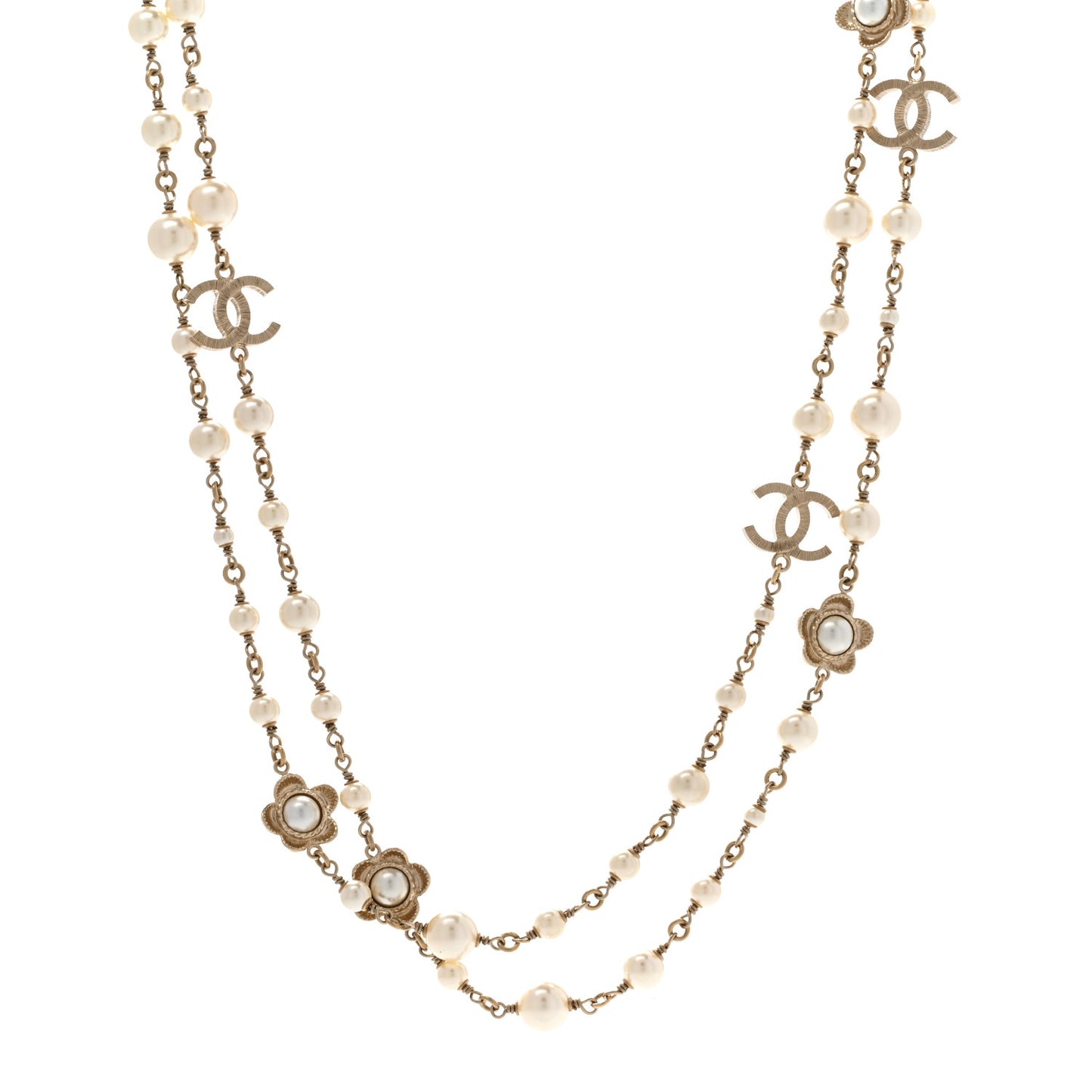 Pearl Bead CC Flower Long Necklace Gold