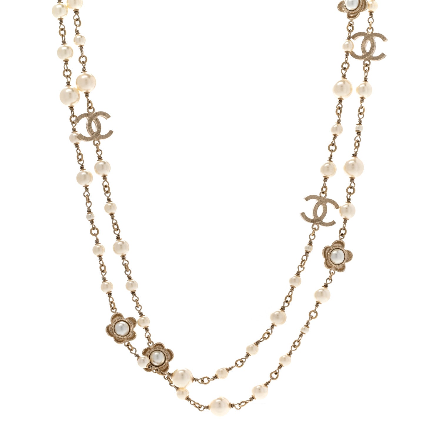 Chanel Pearl Bead CC Flower Long Necklace Gold 1 of 8