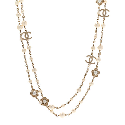 Chanel Pearl Bead CC Flower Long Necklace Gold 1 of 8