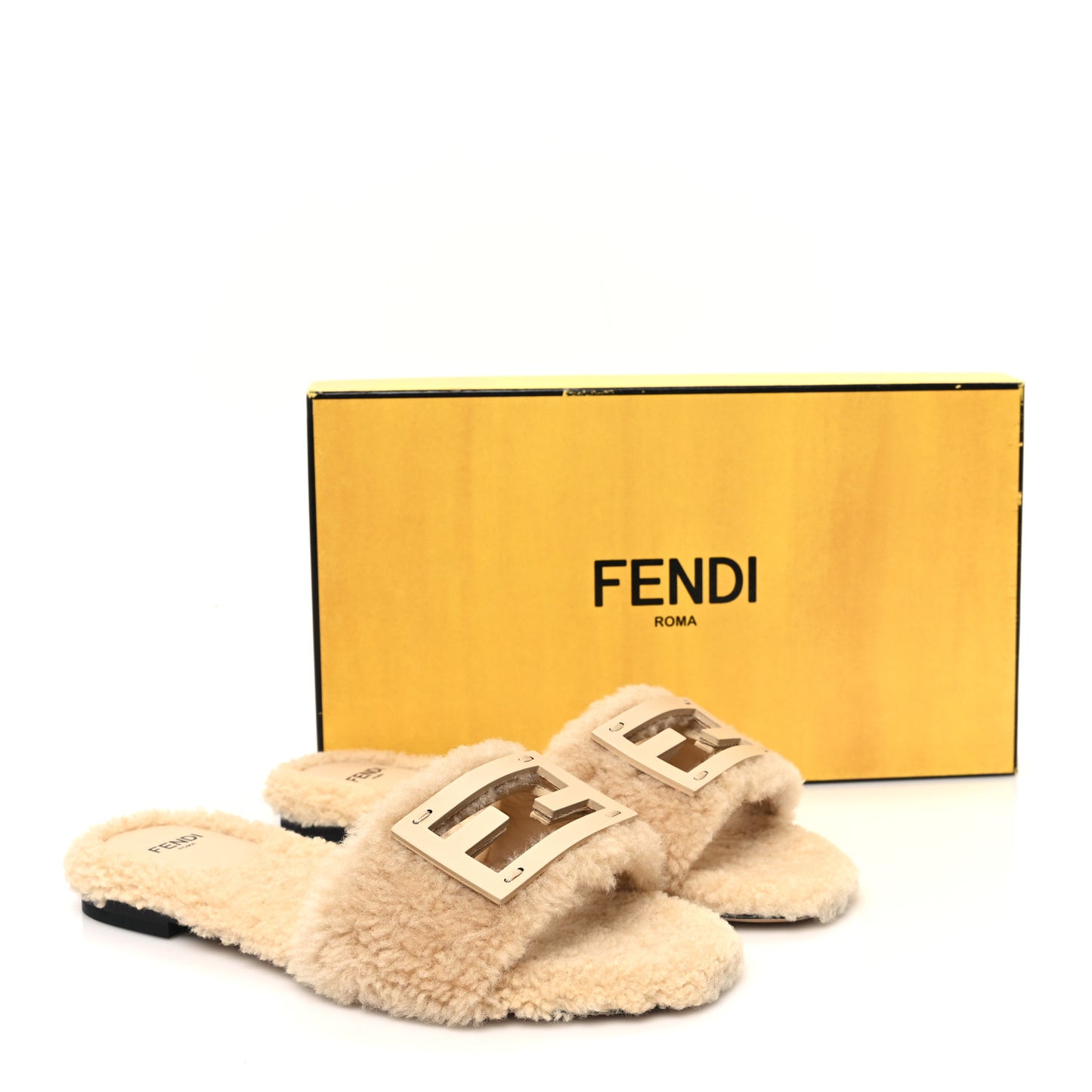 Shearling FF Baguette Slide Sandals 37.5 Beige Naturale