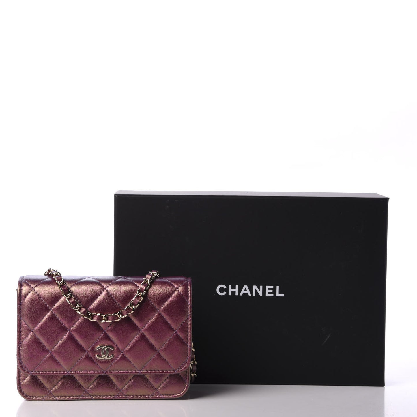Iridescent Lambskin Quilted Mini Wallet On Chain WOC Purple