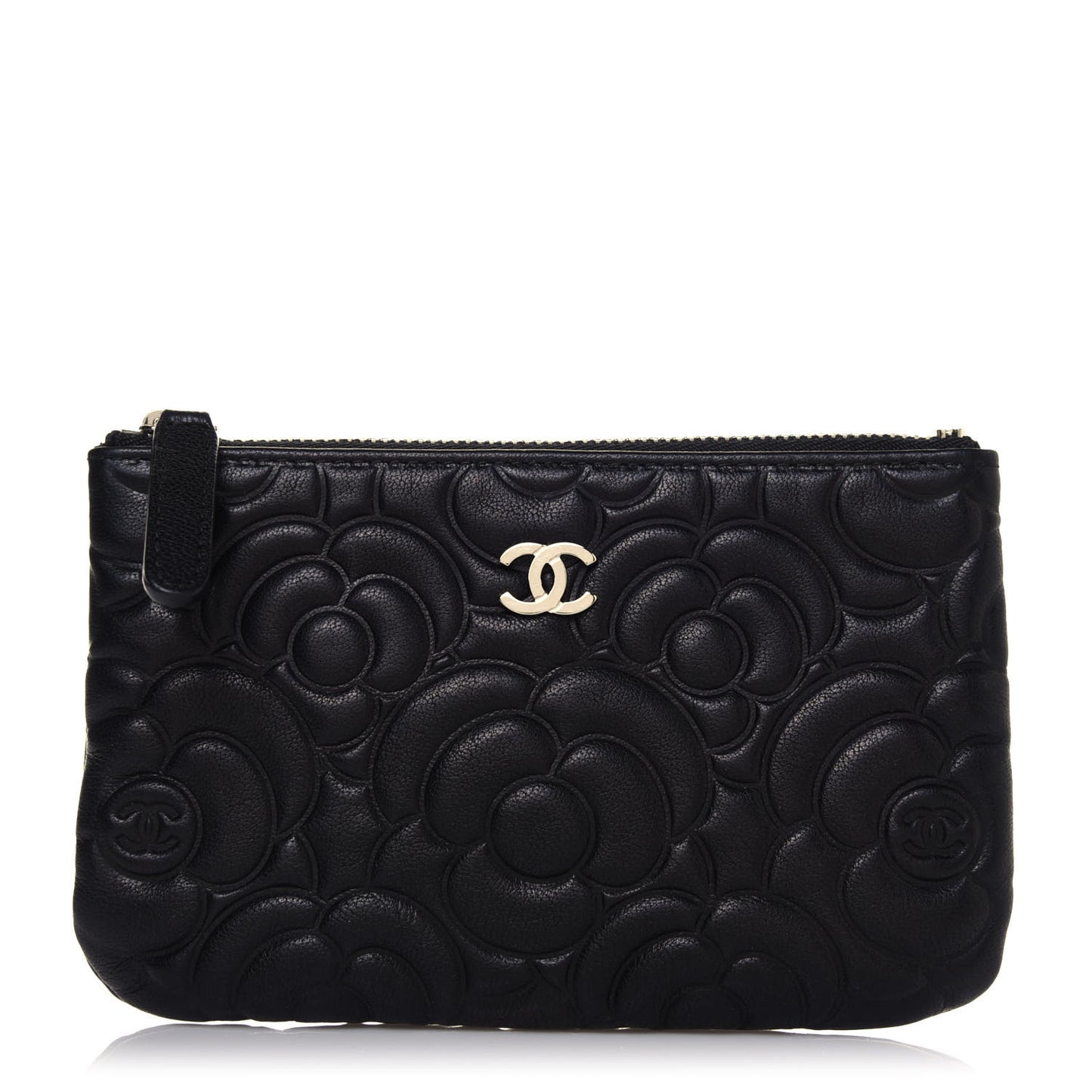 Goatskin Camellia Embossed Cosmetic Pouch Black