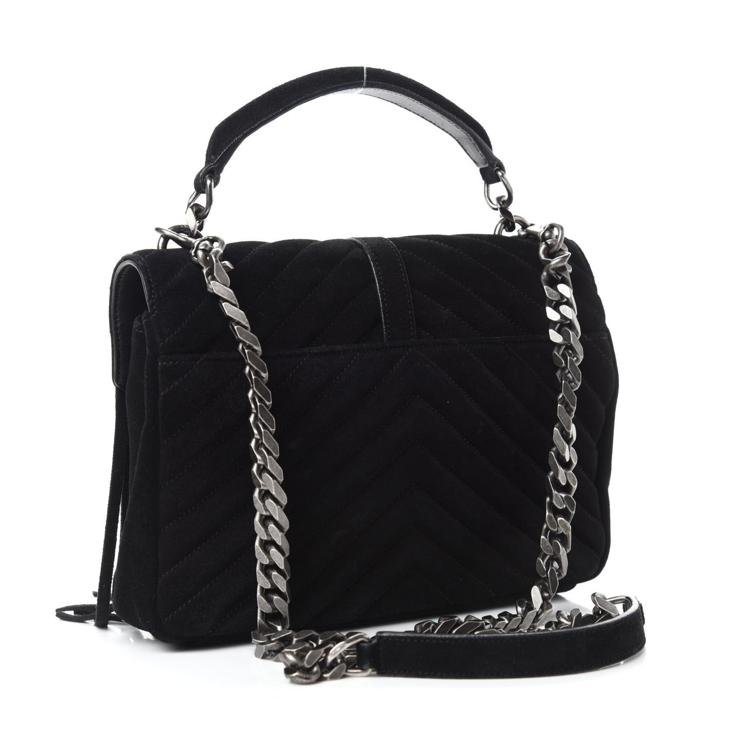 Suede Matelasse Chevron Fringe Monogram Medium College Bag Black