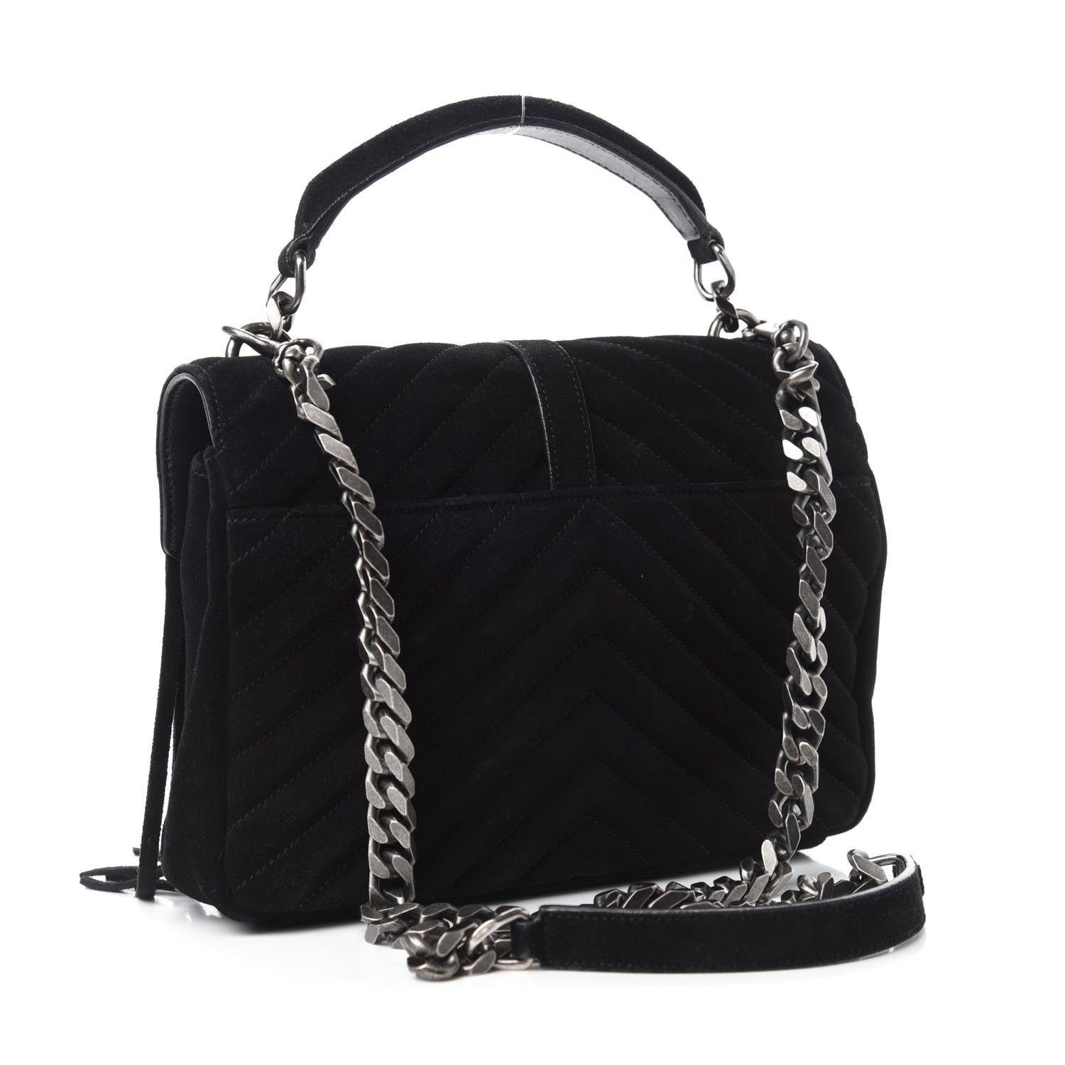 Saint Laurent Suede Matelasse Chevron Fringe Monogram Medium College Bag Black 3 of 11