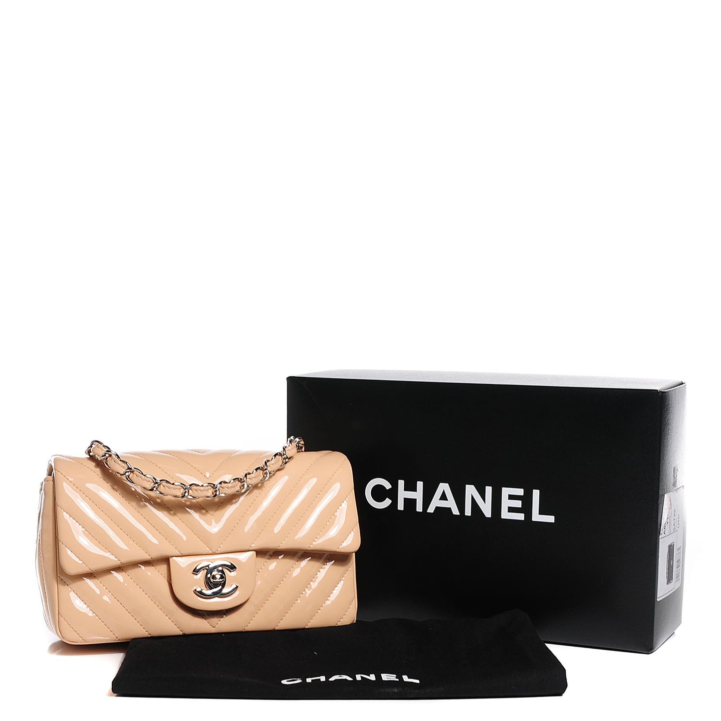 Patent Chevron Quilted Mini Rectangular Flap Beige