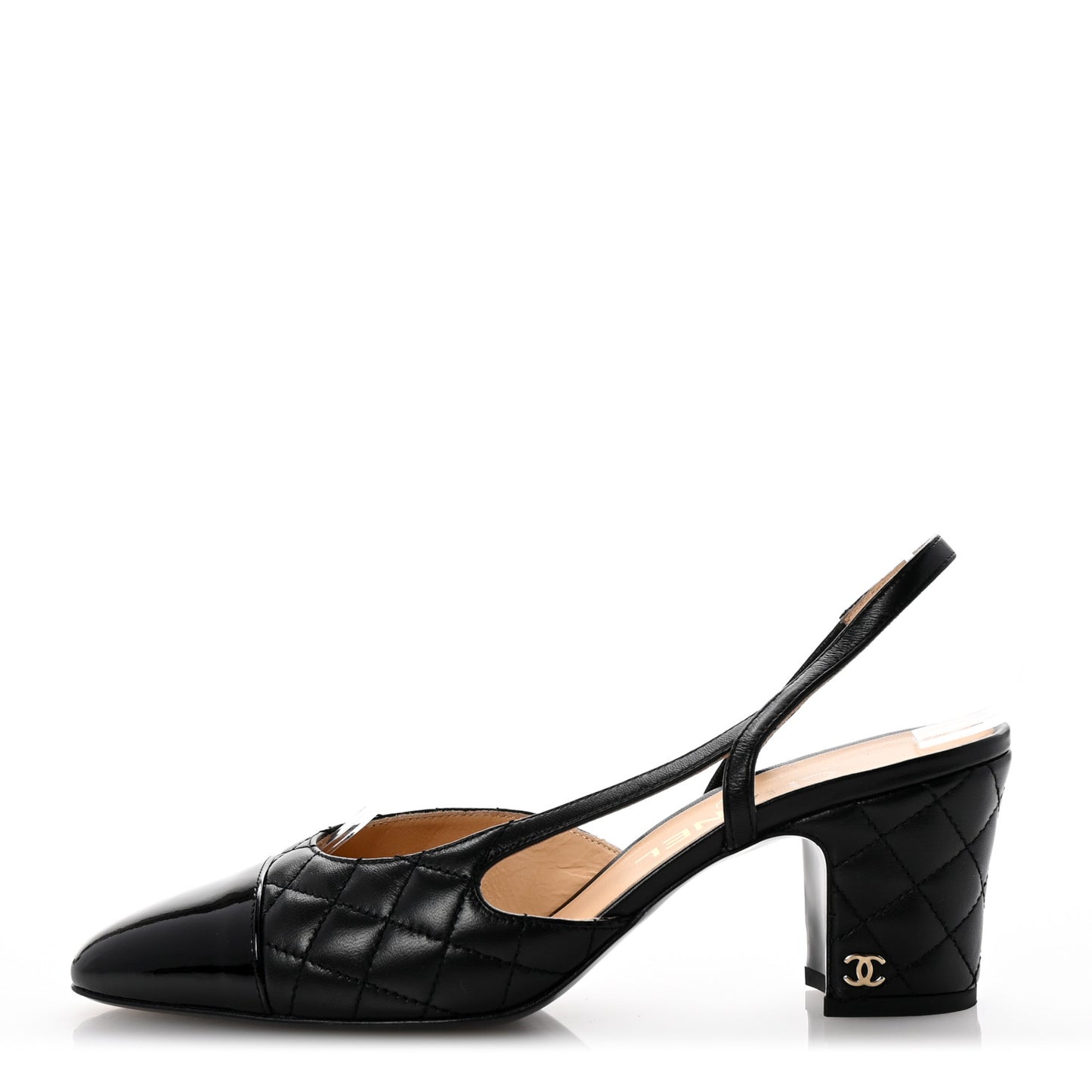 Lambskin Patent Calfskin Quilted Cap Toe CC Slingback Pumps 37.5 Black