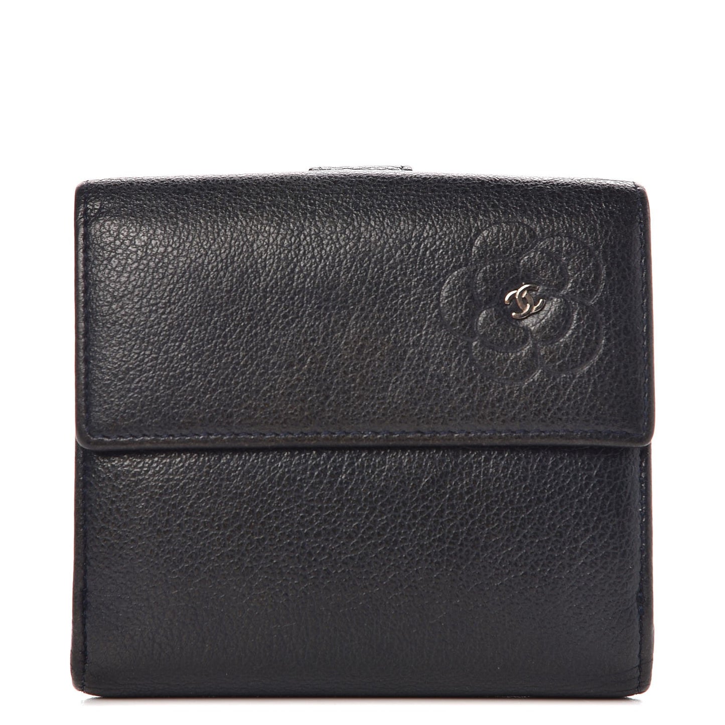 Glazed Goatskin Camellia Embossed French Flap Wallet Black