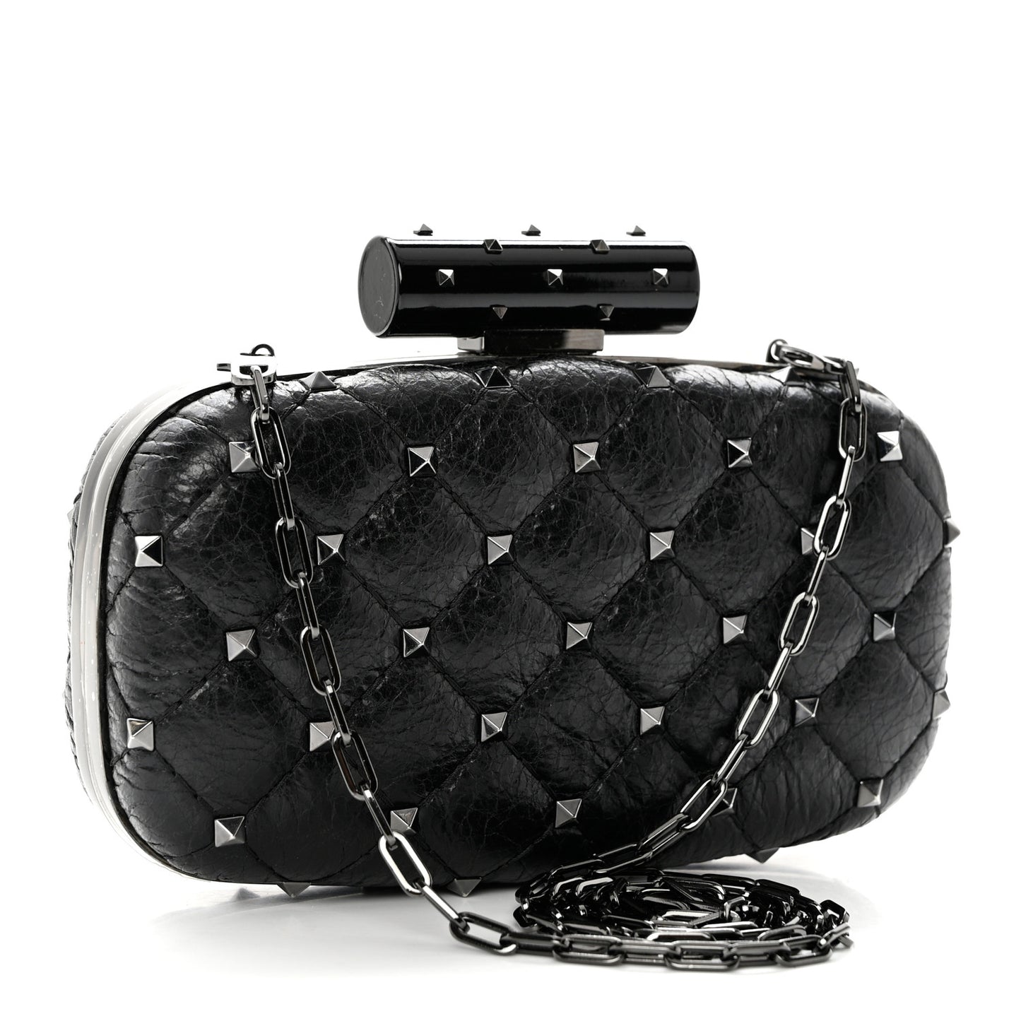 Craquele Nappa Rockstud Spike Minaudiere Clutch Black