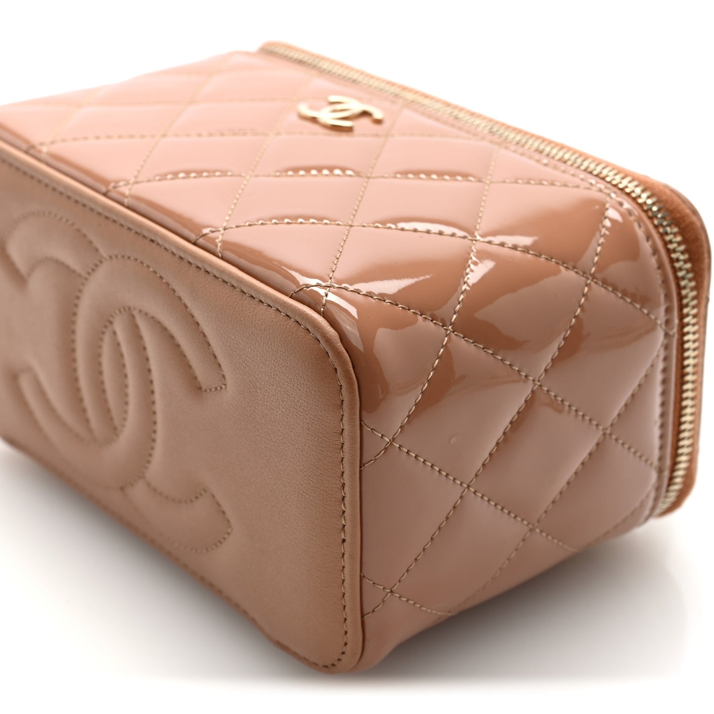 Patent Quilted Quilted Small Top Handle Vanity Case With Chain Dark Beige