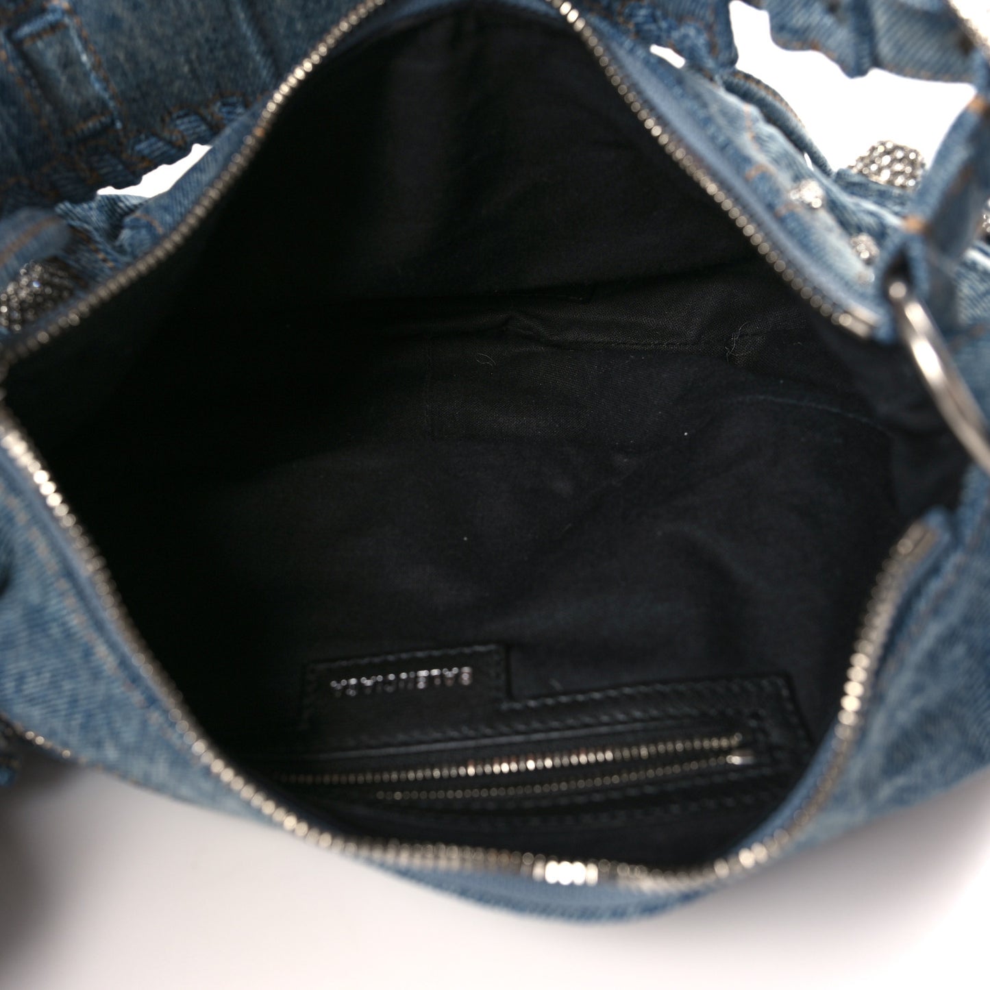 Washed Frayed Denim Crystal Small Le Cagole Shoulder Bag Blue