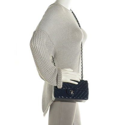 Chanel Patent Chevron Quilted Mini Rectangular Flap Navy Blue 2 of 8