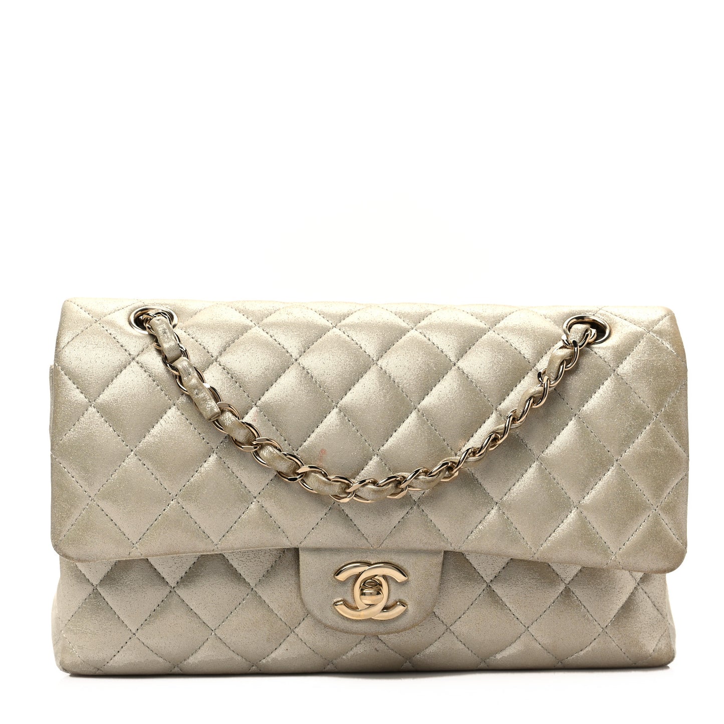 Iridescent Calfskin Quilted Medium Double Flap Silver
