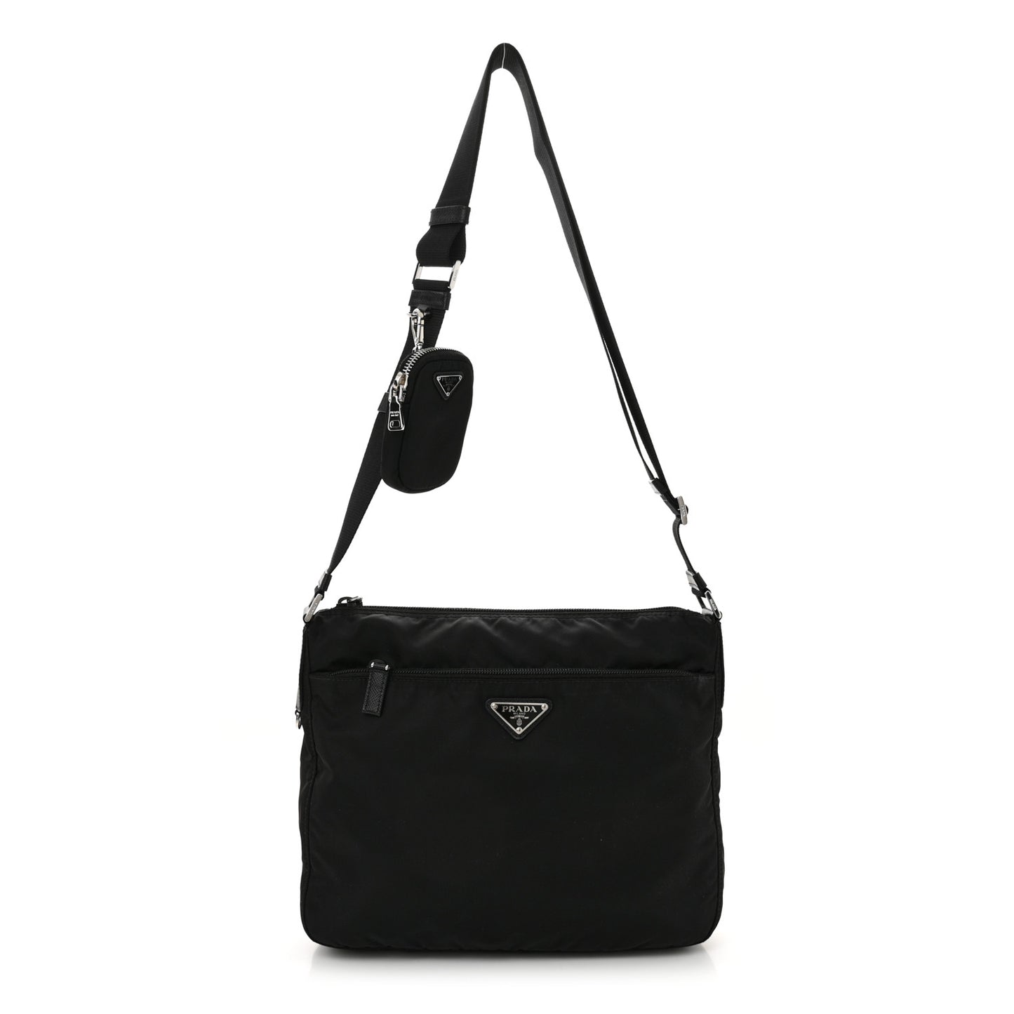 Re-Nylon Vela Saffiano Pocket Double Zip Messenger Bag Black