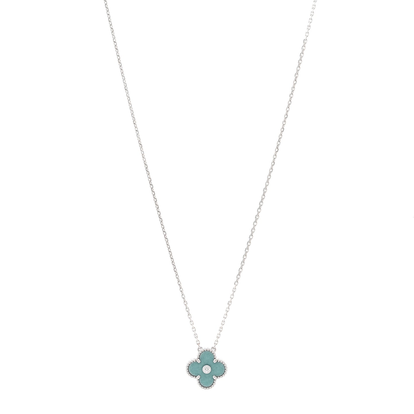 18K White Gold Diamond Celadon Green Sevres Porcelain Vintage Alhambra Pendant Necklace