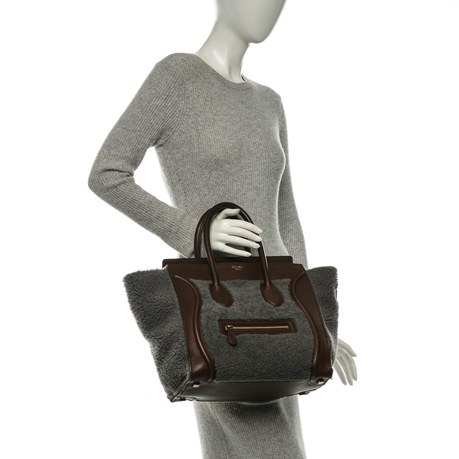 Celine Smooth Calfskin Shearling Mini Luggage Grey 2 of 6