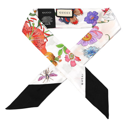 Gucci Silk Twill Floriso Neck Bow Scarf White Black 1 of 3