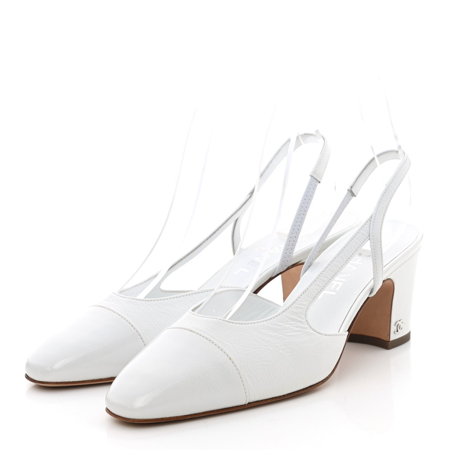 Patent Calfskin Cap Toe CC Slingback Pumps 38.5 White