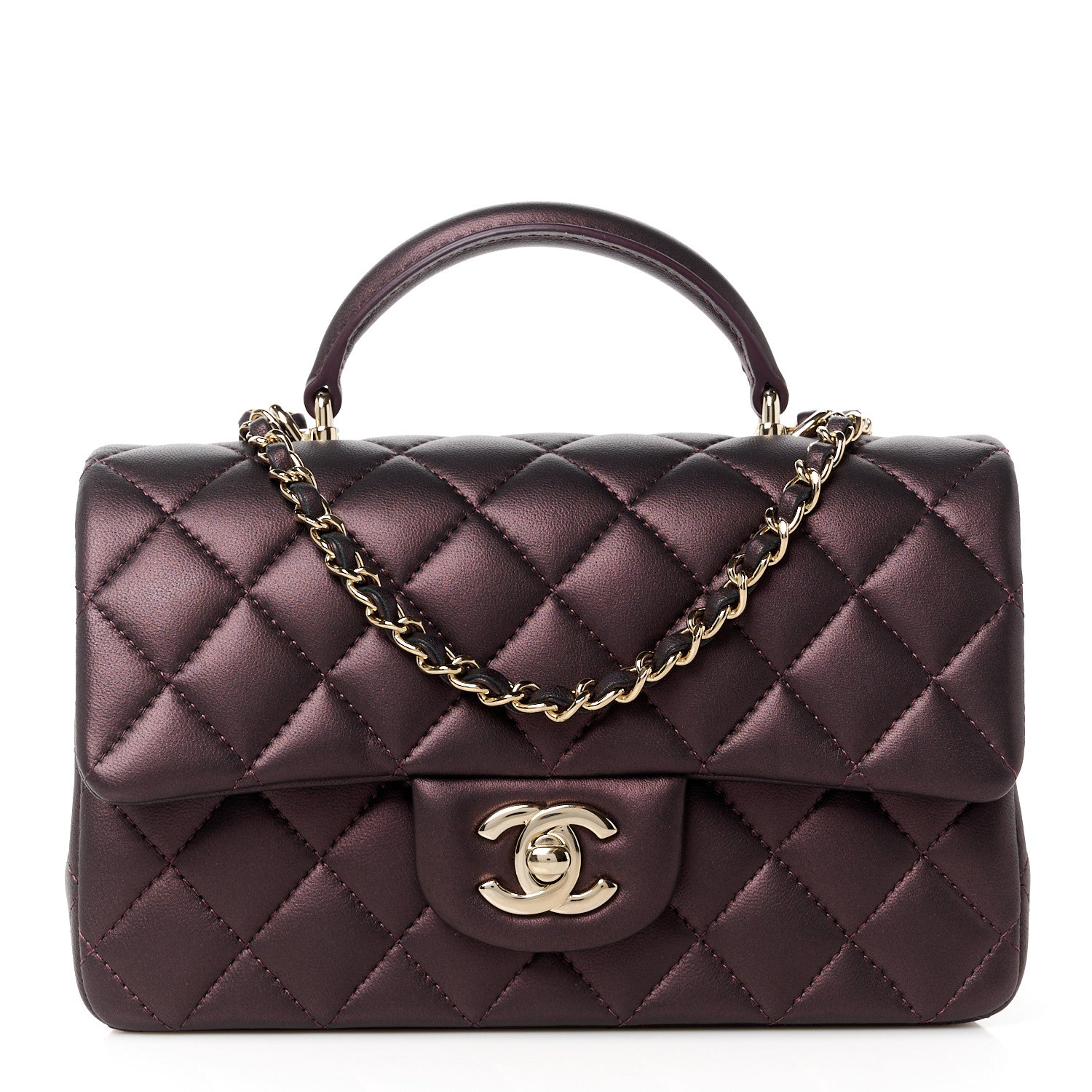 Chanel Iridescent Lambskin Quilted Mini Top Handle Rectangular Flap Burgundy 1 of 12