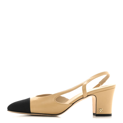 Chanel Goatskin Grosgrain Cap Toe CC Slingback Pumps 36.5 Beige Black 1 of 10