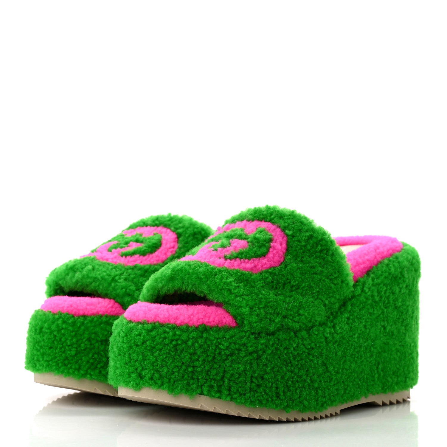 Gucci Shearling Interlocking G Womens Elea Platform Slide Wedge Sandals 36 Green Fluo Fuxia Fluo 3 of 11